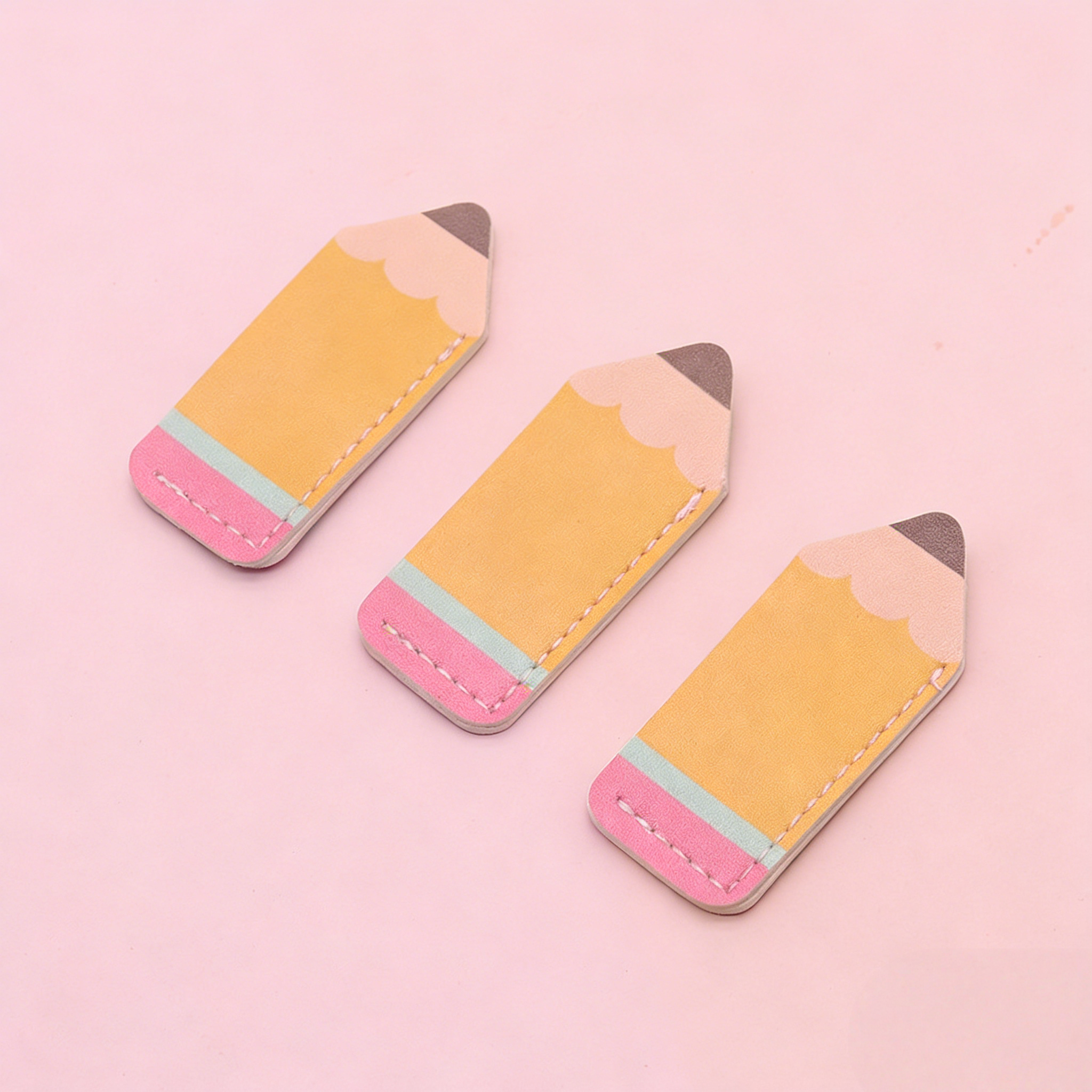 Cute Cartoon Pencil PU Leather Waterproof Bookmark Embossed Design Lovely Stationery for Kids Reading