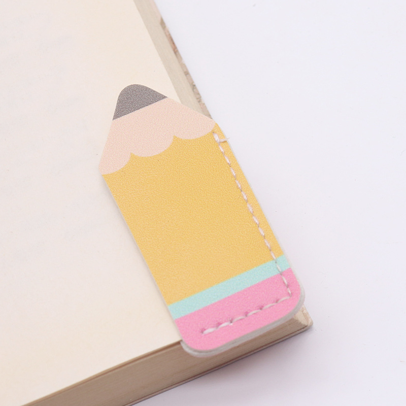 Cute Cartoon Pencil PU Leather Waterproof Bookmark Embossed Design Lovely Stationery for Kids Reading