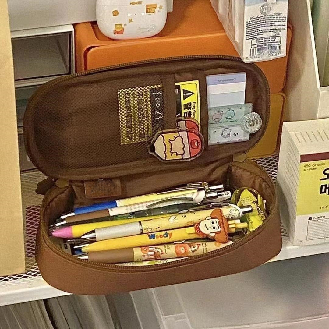 Retro Cute Three-dimensional Canvas Pencil Pouch Embroidered Detail Large Capacity Cartoon Stationery Box