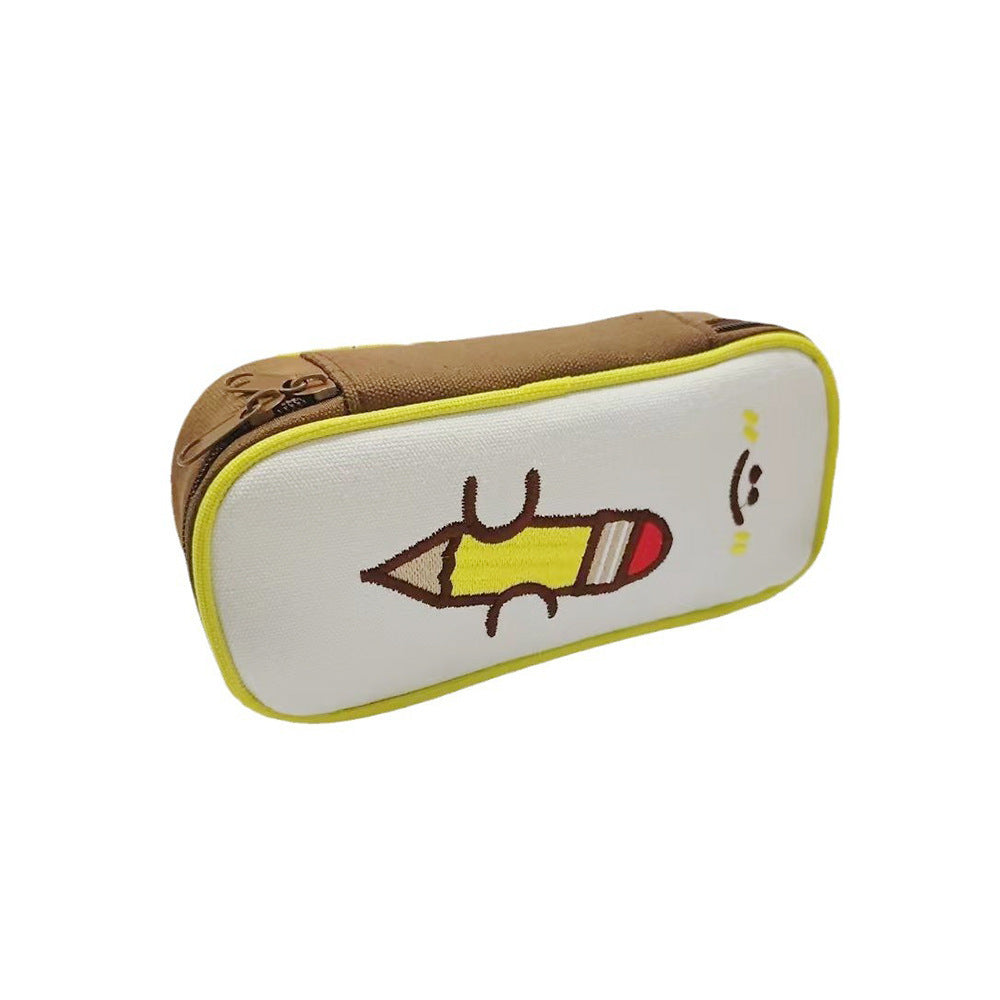 Retro Cute Three-dimensional Canvas Pencil Pouch Embroidered Detail Large Capacity Cartoon Stationery Box