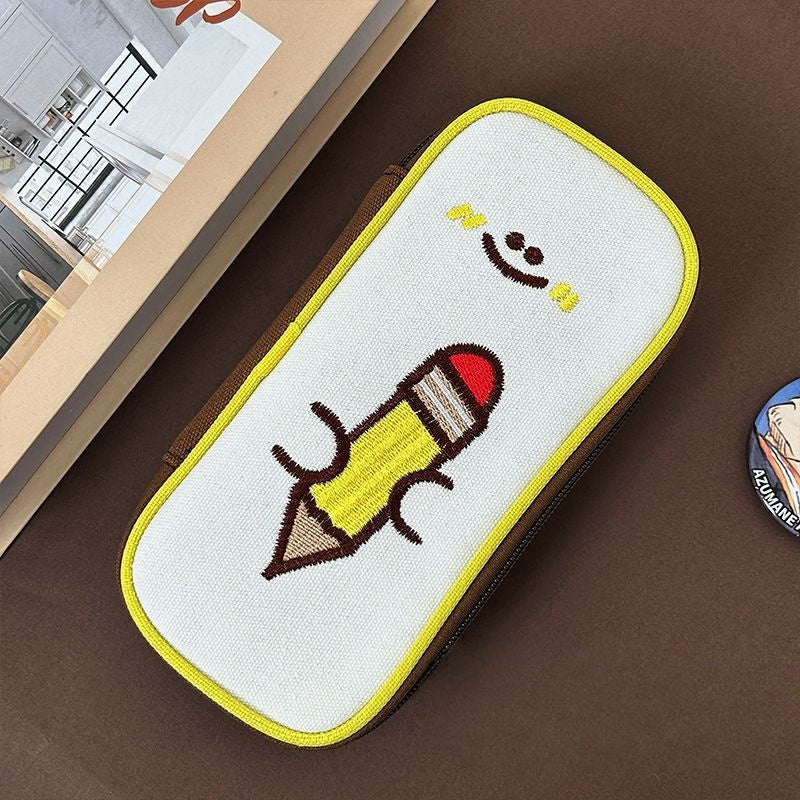 Retro Cute Three-dimensional Canvas Pencil Pouch Embroidered Detail Large Capacity Cartoon Stationery Box