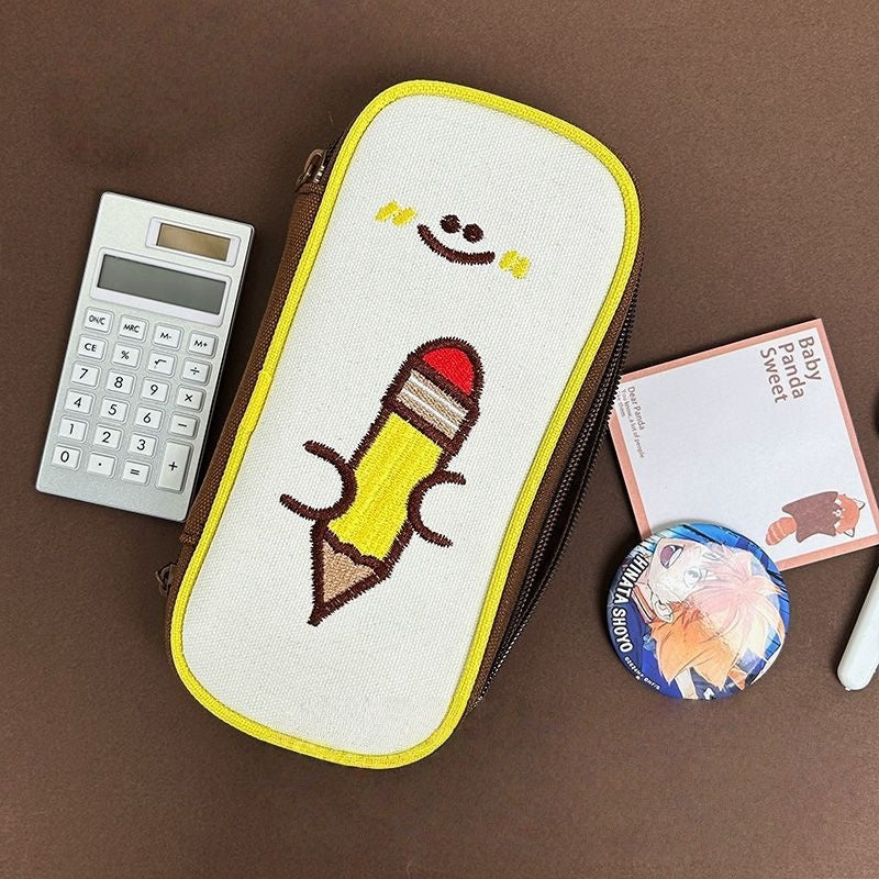 Retro Cute Three-dimensional Canvas Pencil Pouch Embroidered Detail Large Capacity Cartoon Stationery Box