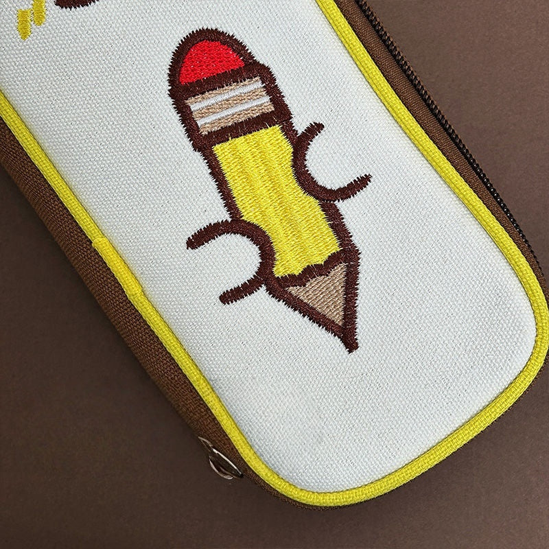 Retro Cute Three-dimensional Canvas Pencil Pouch Embroidered Detail Large Capacity Cartoon Stationery Box